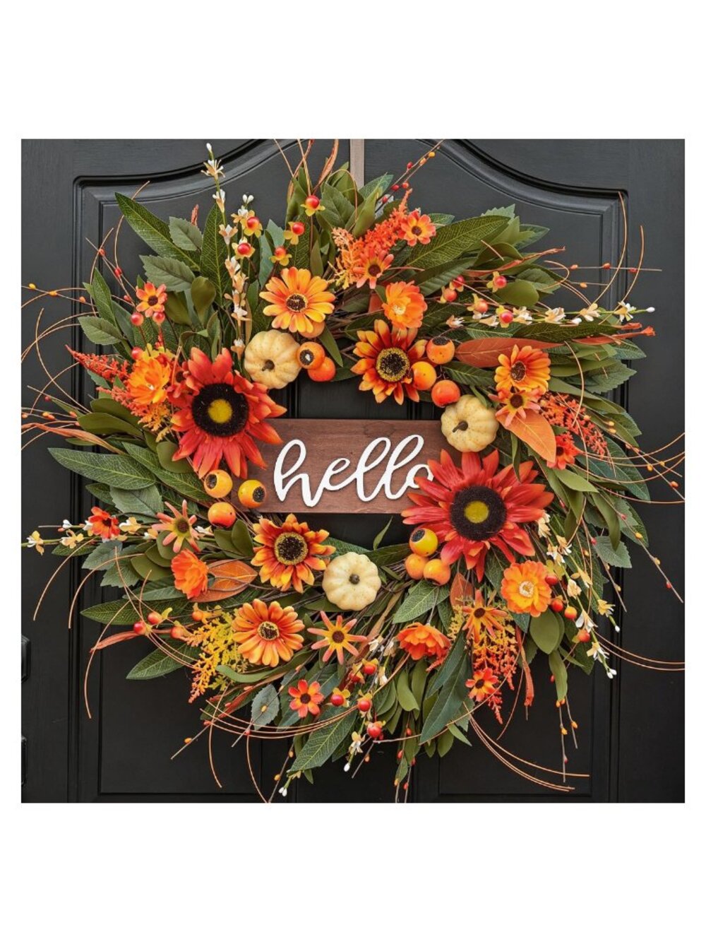 24 Inch Artificial Fall Wreath with Hello Sign Farmhouse Front Door Decor
